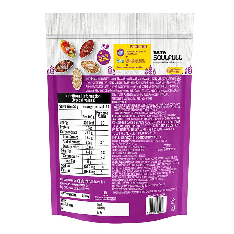 Tata Soulfull Millet Muesli Fruit & Nut, 90% Whole Grains, High Fibre & Protein, 700g/1kg