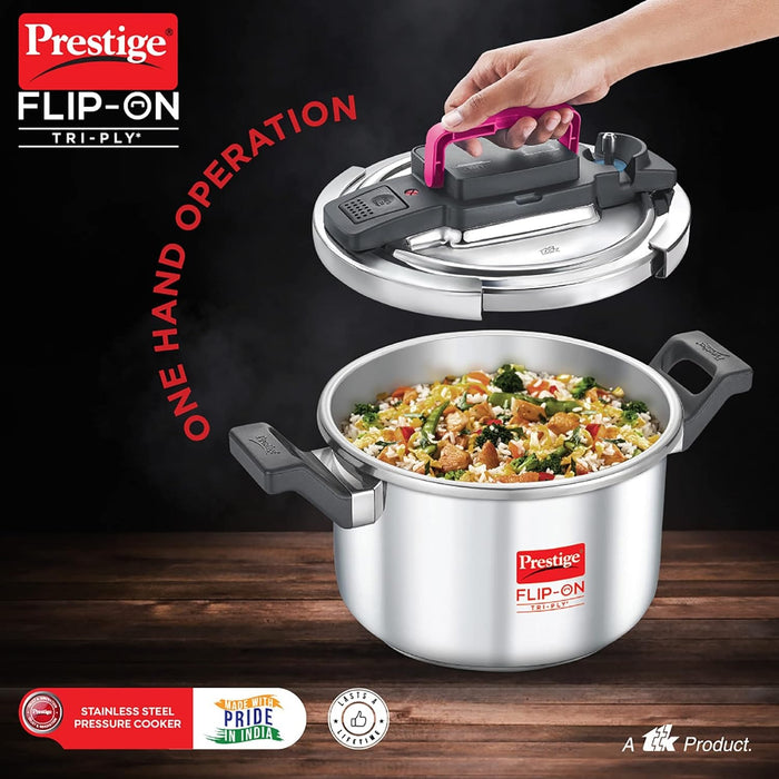 Prestige FLIP-ON TRI-PLY Stainless Steel Pressure Cooker with Glass Lid 22cm(5L, Silver and Black, Innovative Lock Lid with Spillage Control) | Eachdaykart