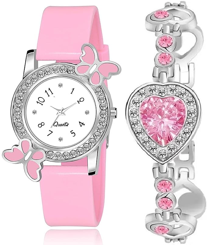 Acnos White Dial 6 Colors Diamond Analog Watch with Heart Bracelet for Girls