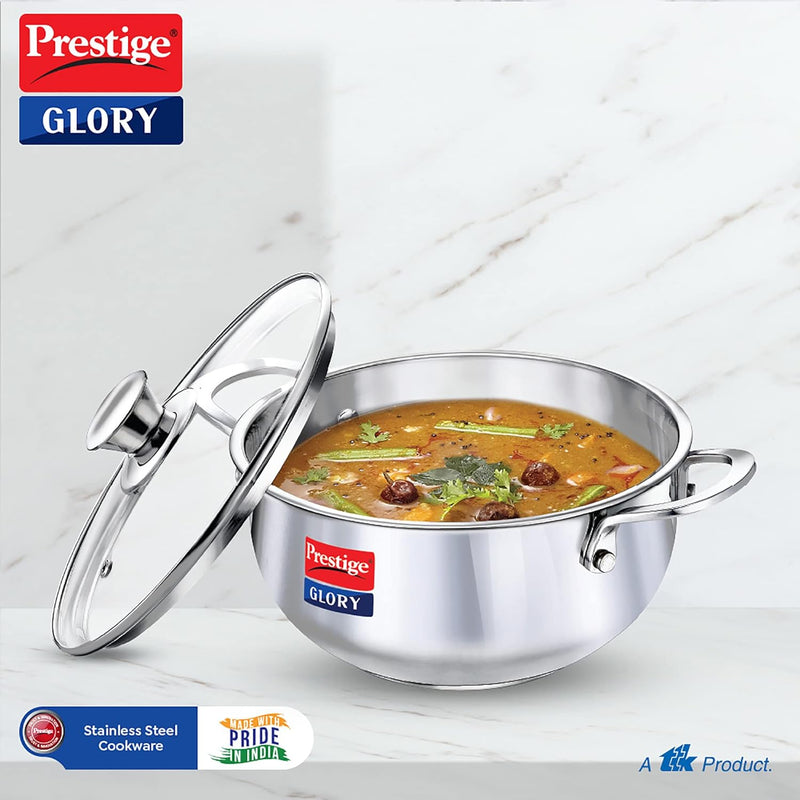 Prestige Glory Stainless Steel Cookware Kadai 22 Cm / 3.5 Liter with Glass Lid