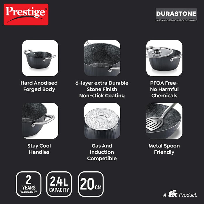 Prestige Durastone Hard Anodised 6 Layer Non-Stick Casserole with Glass Lid, (20 cm, 2.4 Litre, Black)