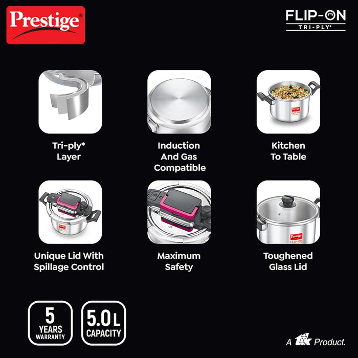 Prestige FLIP-ON TRI-PLY Stainless Steel Pressure Cooker with Glass Lid 22cm(5L, Silver and Black, Innovative Lock Lid with Spillage Control) | Eachdaykart