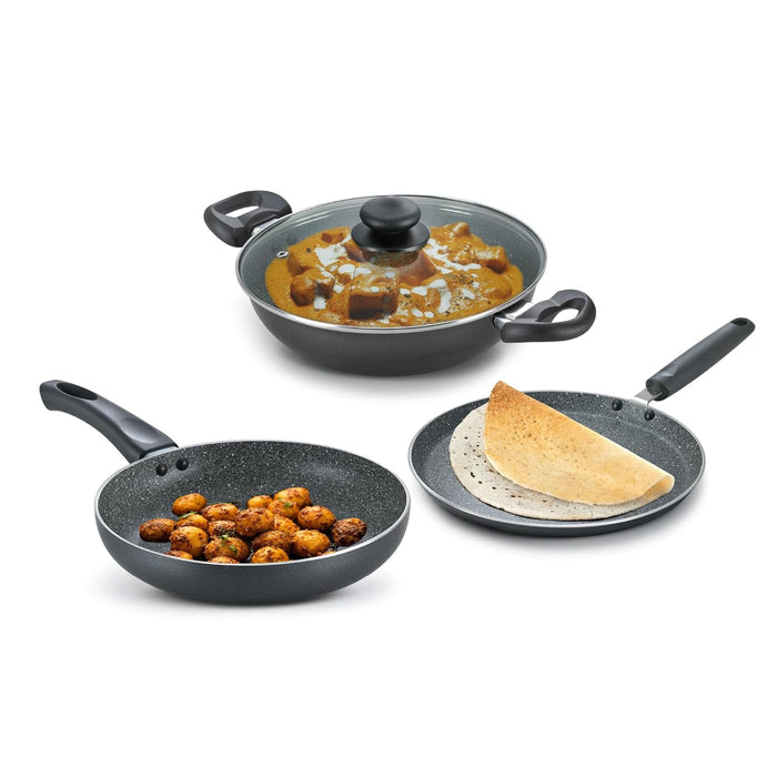 Prestige Omega Deluxe Granite Aluminium 3 Pcs Set- Tawa, Fry Pan & Kadai with 1 Glass Lid