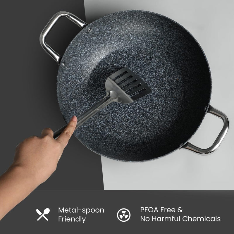 Prestige 4.23L Durastone Hard anodised Non-Stick kadai(28cm) with Glass lid