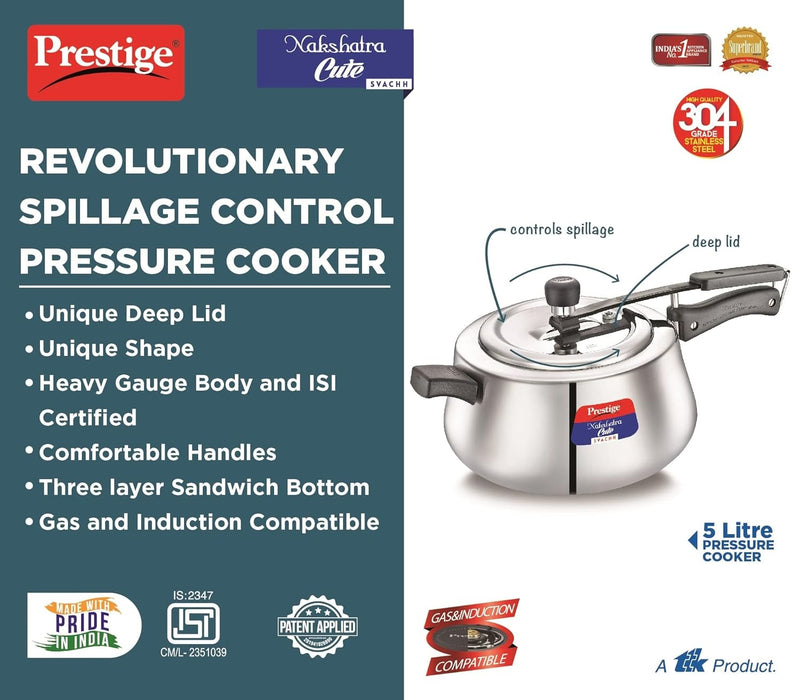 Prestige Nakshatra Cute Svachh Stainless Steel Inner Lid Pressure Cooker with Unique Deep Lid for Spillage Control 5 Litre Silver