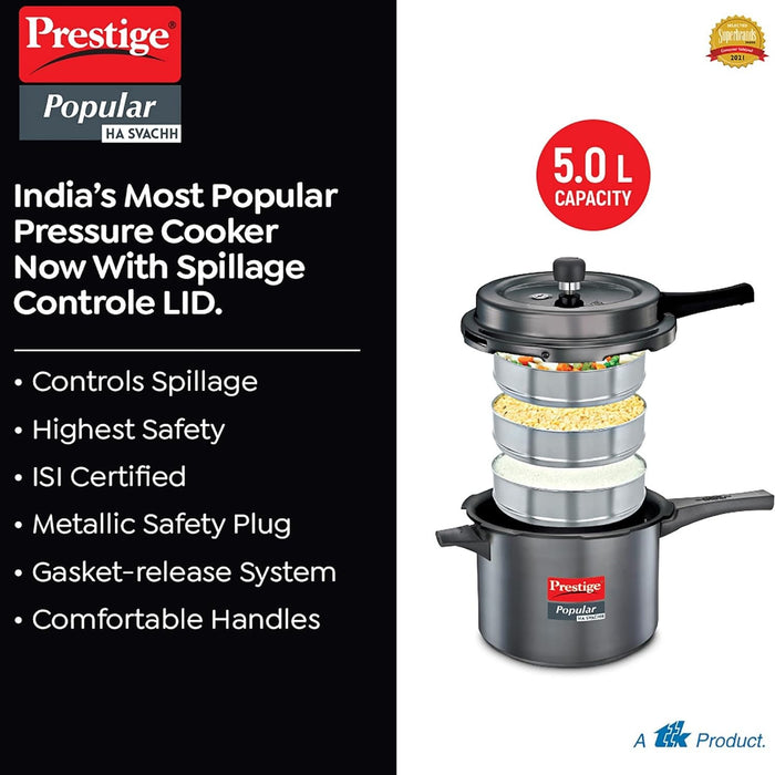 Prestige Popular Svachh Hard Anodised Outer Lid Pressure Cooker (5.0 L, Black, Deep Lid-Controls Spillage), 5 Liter | Eachdaykart