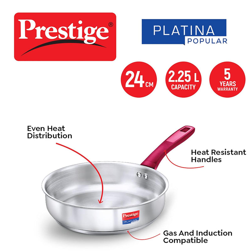 Prestige Stainless Steel Platina Popular Gas Compatible Fry Pan, 24 Cm (2.25 L) + Platina Popular Kadai with Glass Lid, 24 Cm (2.8 L) Kitchen Set