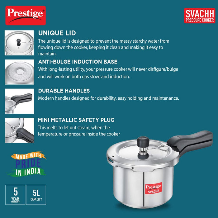 Prestige Svachh Aluminium Outer Lid Pressure Cooker 5 Litre Silver