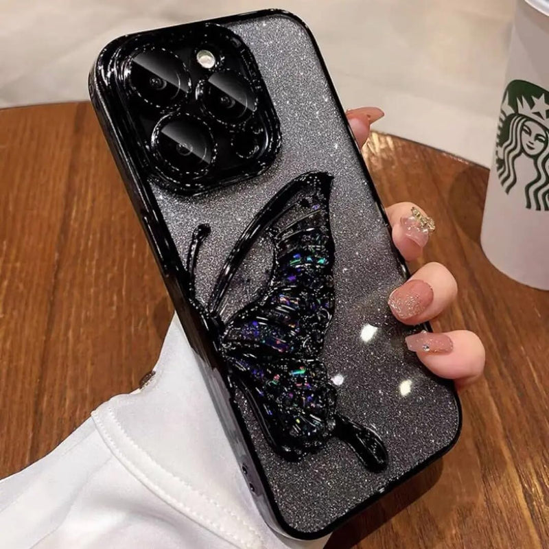 Erams Online Luxury Quicksand Glitter Butterfly Case for iPhone 16 Pro (Black)