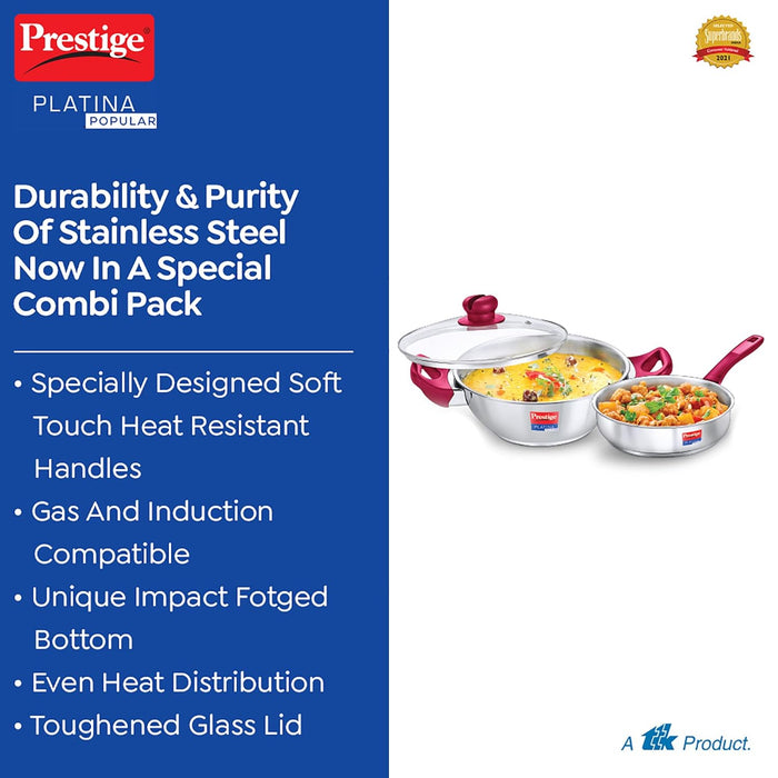 Prestige Stainless Steel Platina Popular Gas Compatible Fry Pan, 24 Cm (2.25 L) + Platina Popular Kadai with Glass Lid, 24 Cm (2.8 L) Kitchen Set