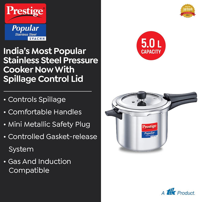 Prestige Popular Svachh Spillage Control Stainless Steel Outer Lid Pressure Cooker, 5 L (Silver) | Eachdaykart