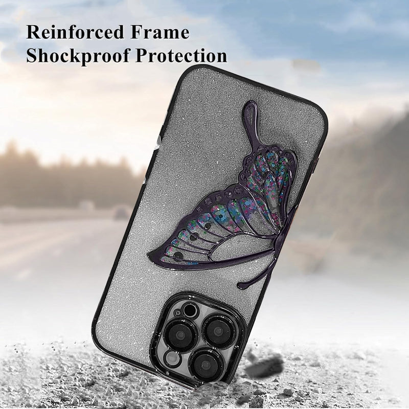 Erams Online Luxury Quicksand Glitter Butterfly Case for iPhone 16 Pro (Black)