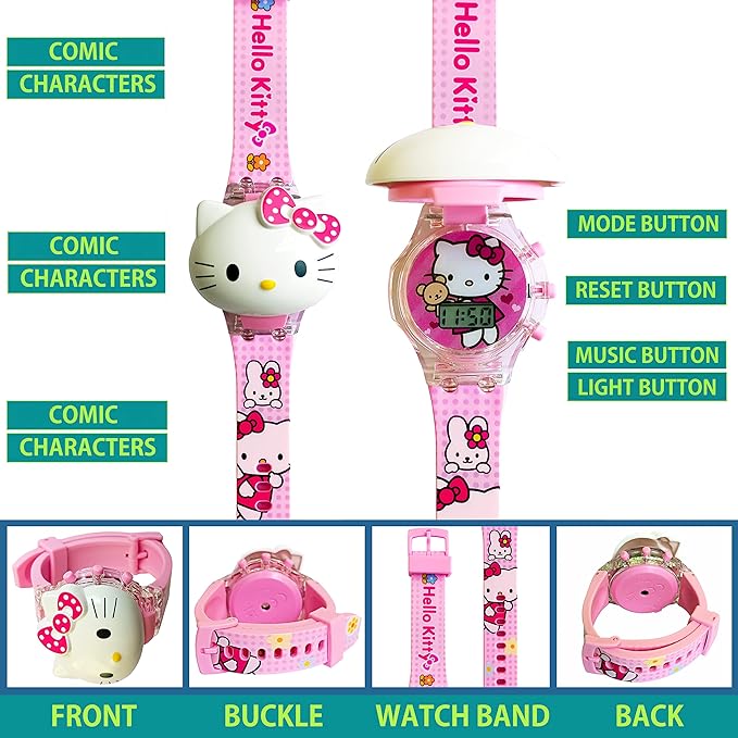 Brishti 3D Kitty Cat Character Multicolored Glowing Light and Musical Digital Girl's Wrist Watch | Unique Cute Cartoon Character on Strap | Soft Silicone Strap | Suitable for Age 3-12 Year Kids