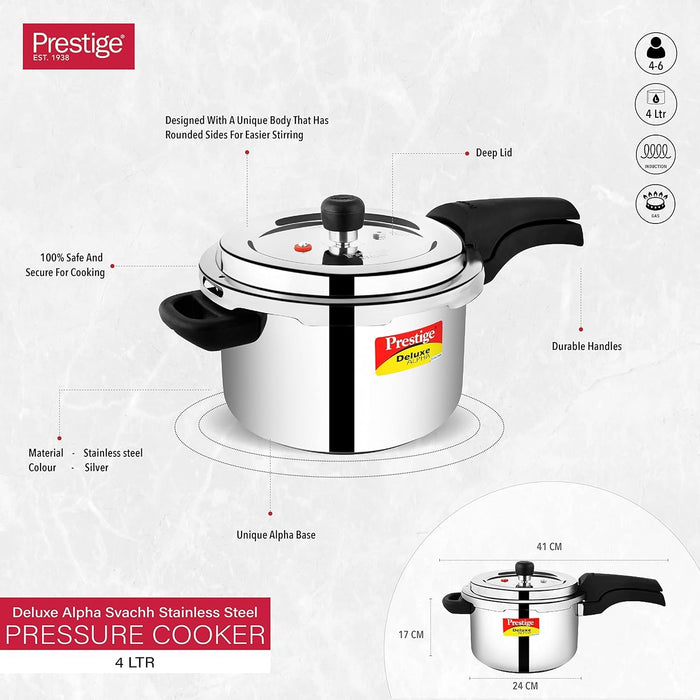 Prestige 4 Litres Svachh Deluxe Alpha Induction Base Outer Lid Stainless Steel Pressure Cooker