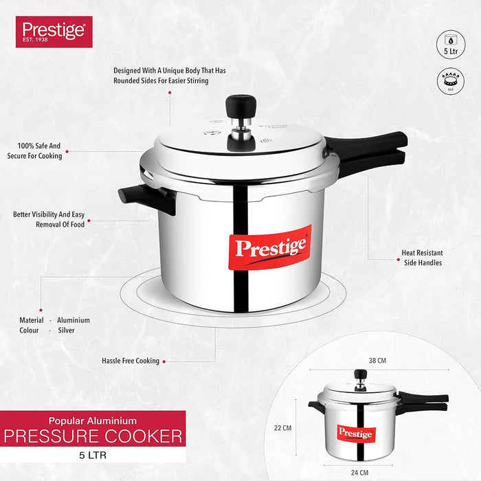 Prestige Popular Virgin Aluminium Precision Weight Valve Outer Lid Pressure Cooker, 5 L (Silver, 5 liters) | Eachdaykart