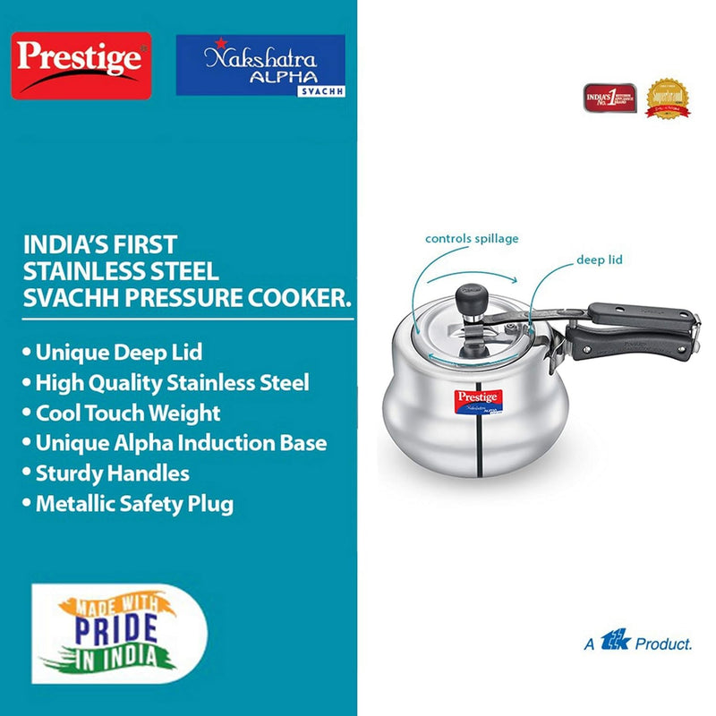Prestige Svachh Nakshatra Alpha Handi (3.5L, Silver, Stainless Steel, Deep Lid for Spillage Control)