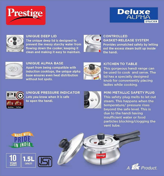 Prestige svachh popular spillage control stainless steel outer lid pressure cooker 1.5l silver