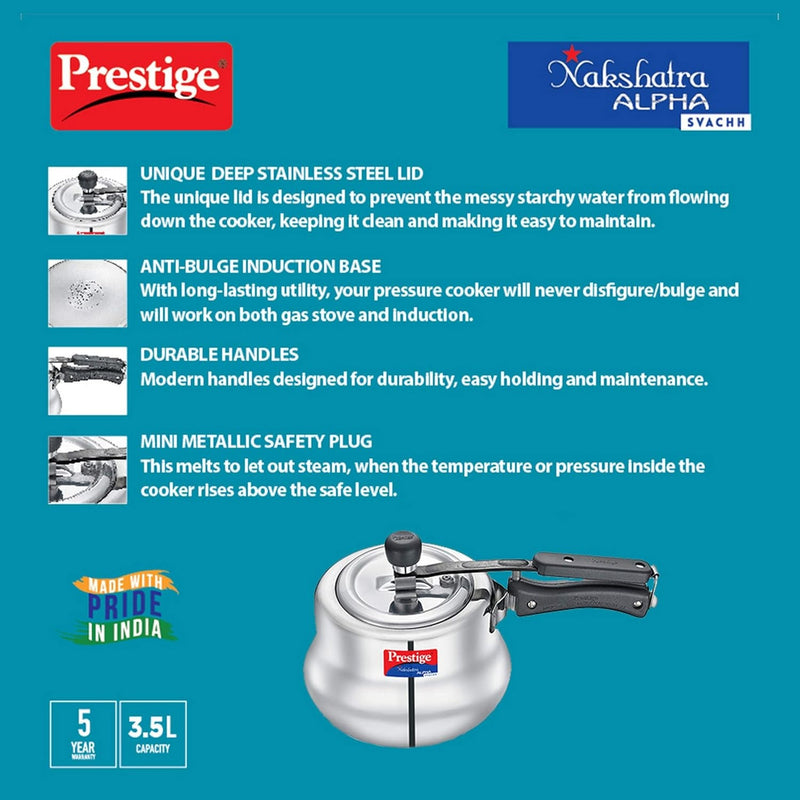 Prestige Svachh Nakshatra Alpha Handi (3.5L, Silver, Stainless Steel, Deep Lid for Spillage Control)