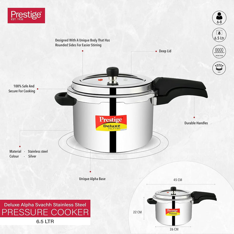 Prestige 6.5 litres deluxe alpha svachh induction base outer lid stainless steel pressure cooker
