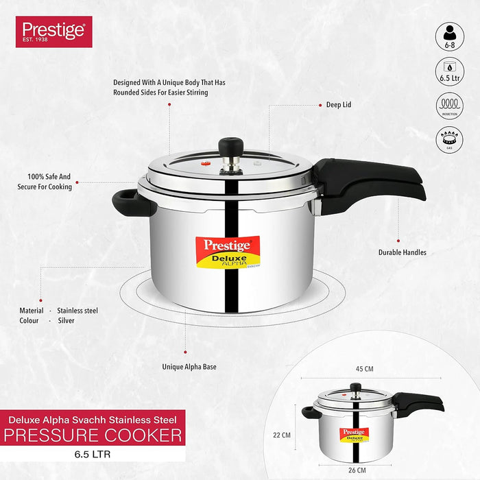 Prestige 6.5 Litres Deluxe Alpha Svachh Induction Base Outer Lid Stainless Steel Pressure Cooker | Deep lid controls spillage| Silver | Pressure Indicator | Gasket-Release System | Anti-Bulge Base | Eachdaykart