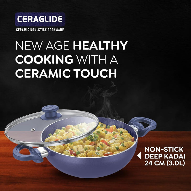 Prestige Ceraglide Ceramic Coated 3L(24cm) Non-Stick Kadai with Glass lid