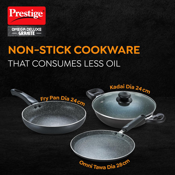 Prestige Omega Deluxe Granite Aluminium 3 Pcs Set- Tawa, Fry Pan & Kadai with 1 Glass Lid