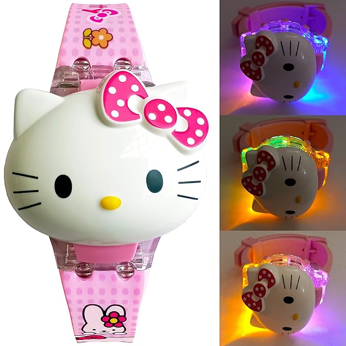 Brishti 3D Kitty Cat Character Multicolored Glowing Light and Musical Digital Girl's Wrist Watch | Unique Cute Cartoon Character on Strap | Soft Silicone Strap | Suitable for Age 3-12 Year Kids