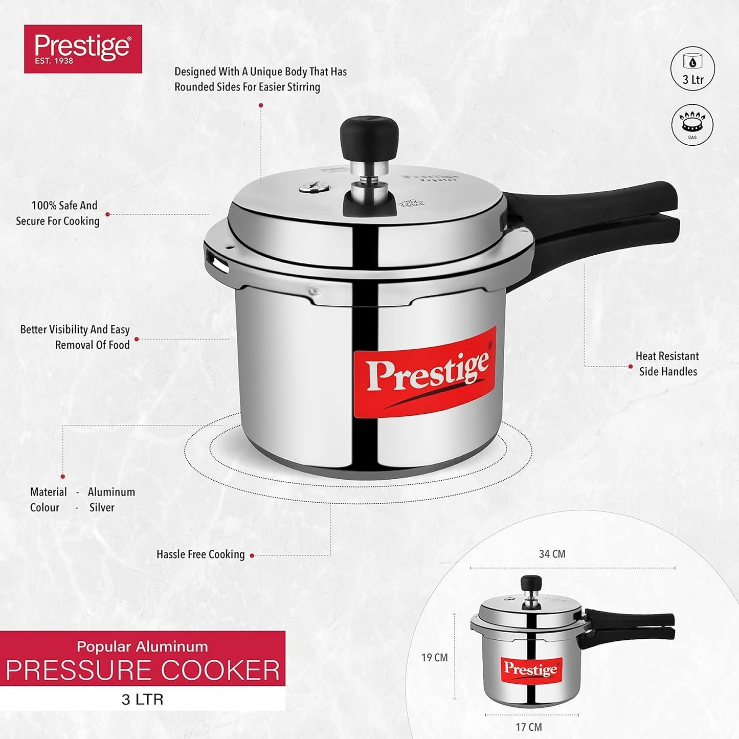 Prestige Popular Virgin Aluminium Precision Weight Valve Outer Lid Pressure Cooker, 3 L (Silver)