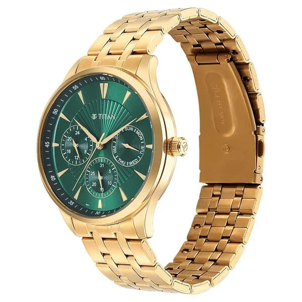 Titan Opulent Green Dial Quartz Multifunction Stainless Steel Strap watch for Men