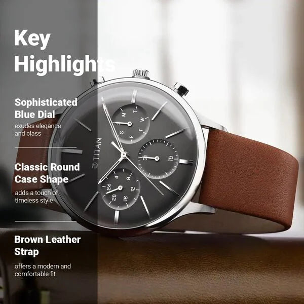 Titan Quartz Multifunction Blue Dial Leather Strap Watch for Men