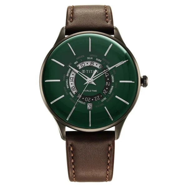 Titan Green Dial World Time with Date Leather Strap watch for Men
