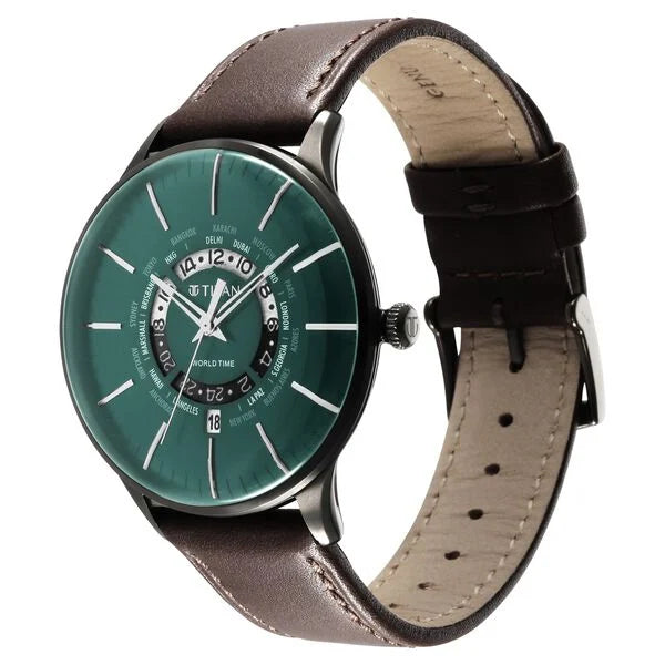 Titan Green Dial World Time with Date Leather Strap watch for Men