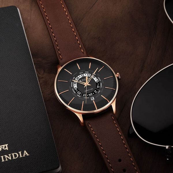 Titan Black Dial World Time with Date Stainless Steel Strap Watch for Men