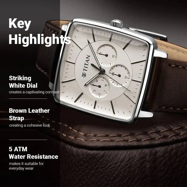 Titan Avant Garde Quartz Multifunction Silver Dial Leather Strap Watch for Men