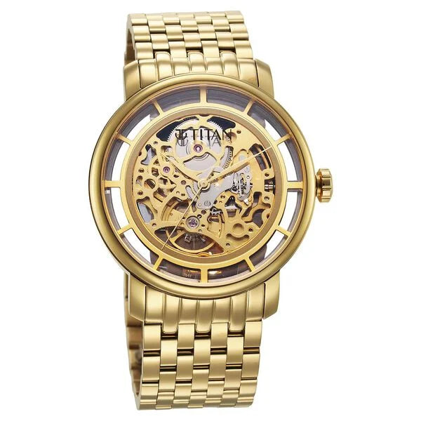 Titan Mechanical Slimline Golden Dial Mechanical Stainless Steel Strap Watch for Men