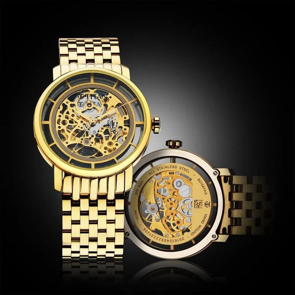 Titan Mechanical Slimline Golden Dial Mechanical Stainless Steel Strap Watch for Men