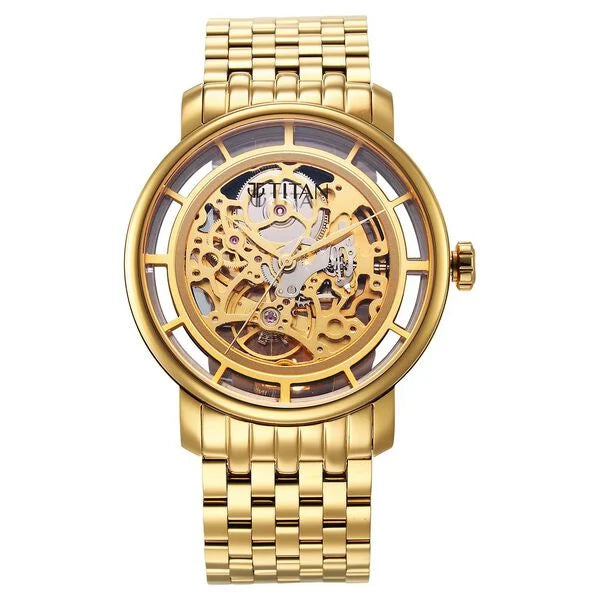 Titan Mechanical Slimline Golden Dial Mechanical Stainless Steel Strap Watch for Men