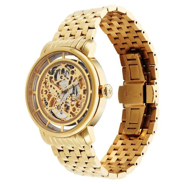 Titan Mechanical Slimline Golden Dial Mechanical Stainless Steel Strap Watch for Men
