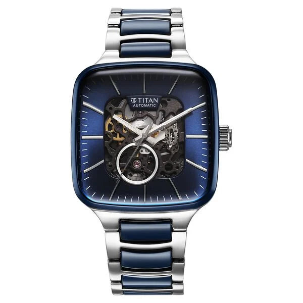 Titan Ceramic Fusion Automatic Square Blue Dial Silver Dual-Toned Stainless Steel Bracelet Watch for Men