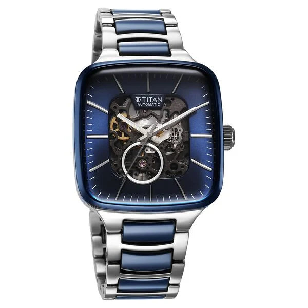 Titan Ceramic Fusion Automatic Square Blue Dial Silver Dual-Toned Stainless Steel Bracelet Watch for Men