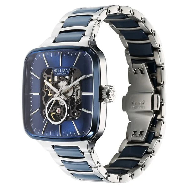 Titan Ceramic Fusion Automatic Square Blue Dial Silver Dual-Toned Stainless Steel Bracelet Watch for Men