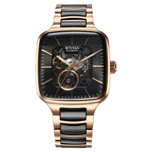 Titan Ceramic Fusion Automatic Square Black Dial Rose Gold Dual-Toned Stainless Steel Bracelet Watch for Men