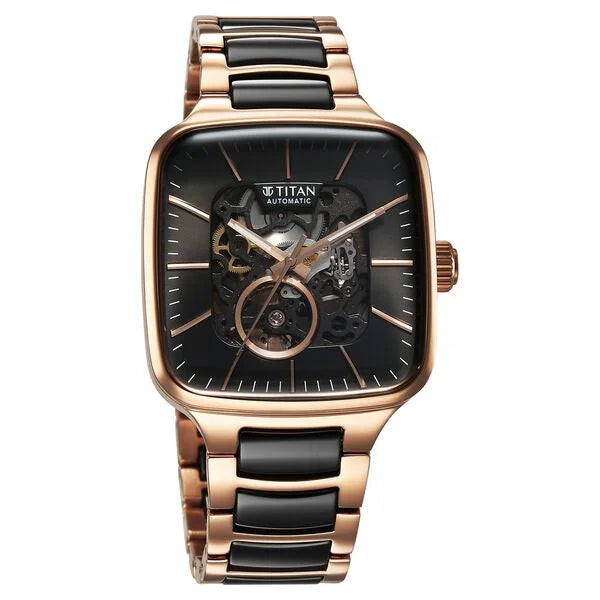 Titan Ceramic Fusion Automatic Square Black Dial Rose Gold Dual-Toned Stainless Steel Bracelet Watch for Men