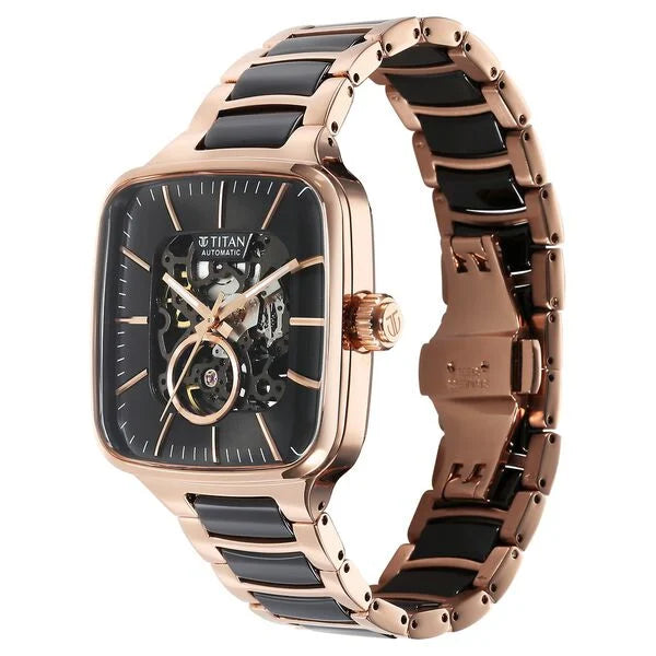 Titan Ceramic Fusion Automatic Square Black Dial Rose Gold Dual-Toned Stainless Steel Bracelet Watch for Men