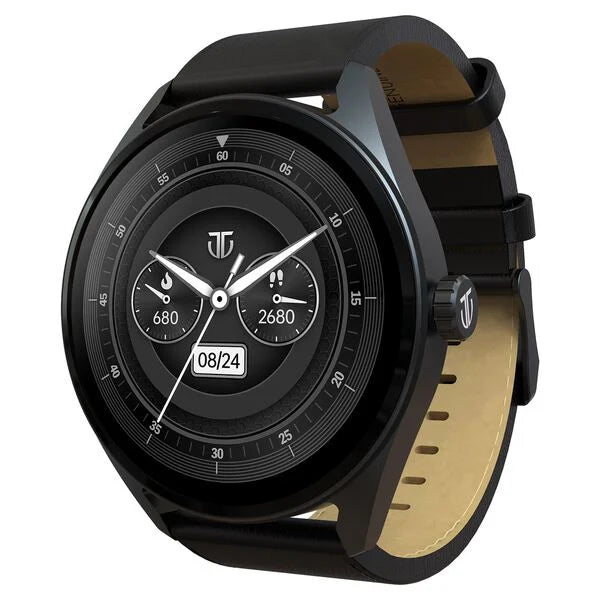 Titan Crest with 3.63 cm AMOLED Display with AOD, Functional Crown, BT Calling Smartwatch with Black Leather Strap