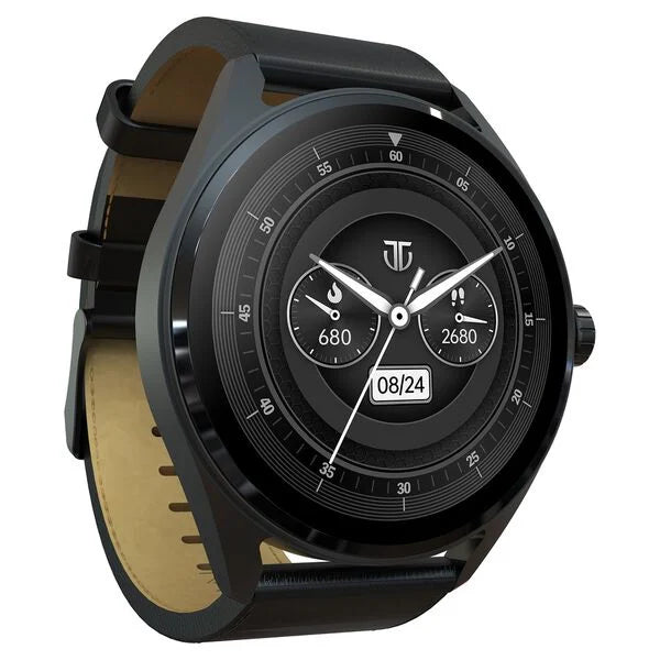 Titan Crest with 3.63 cm AMOLED Display with AOD, Functional Crown, BT Calling Smartwatch with Black Leather Strap