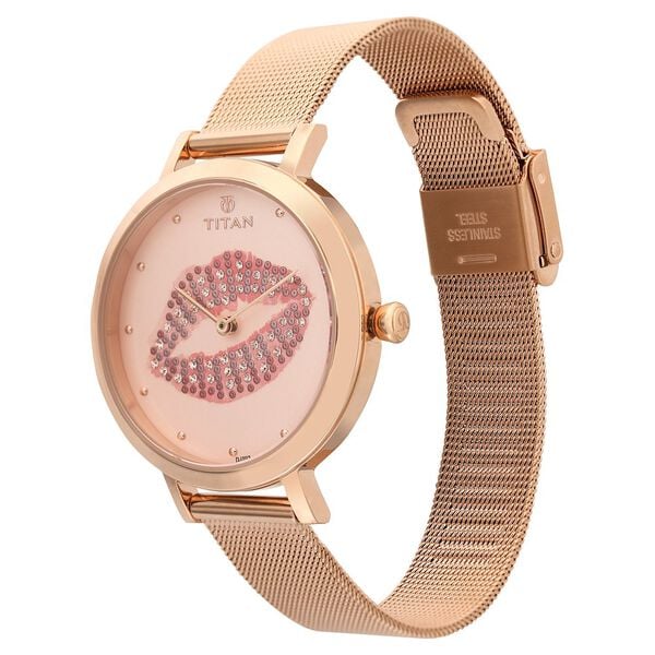 Titan women's pop pink dial analog stainless steel strap watch