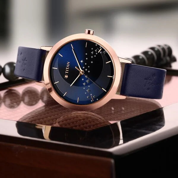 Titan Memento Blue Dial Analog Leather Strap Watch for Women