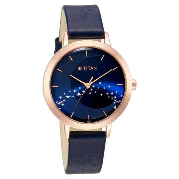Titan Memento Blue Dial Analog Leather Strap Watch for Women