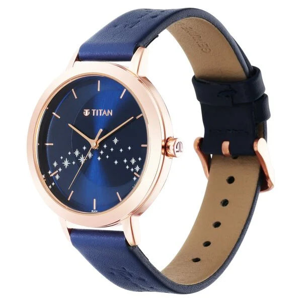 Titan Memento Blue Dial Analog Leather Strap Watch for Women